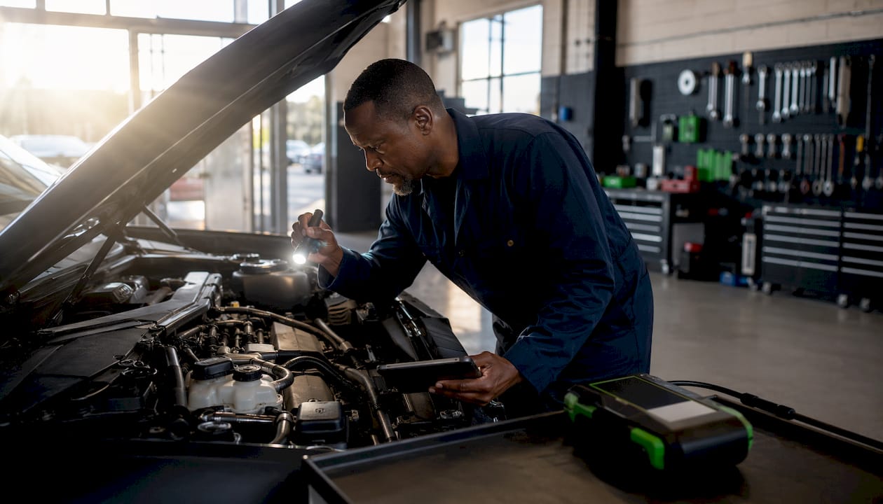 Mechanic inspecting rebuilt title car engine
