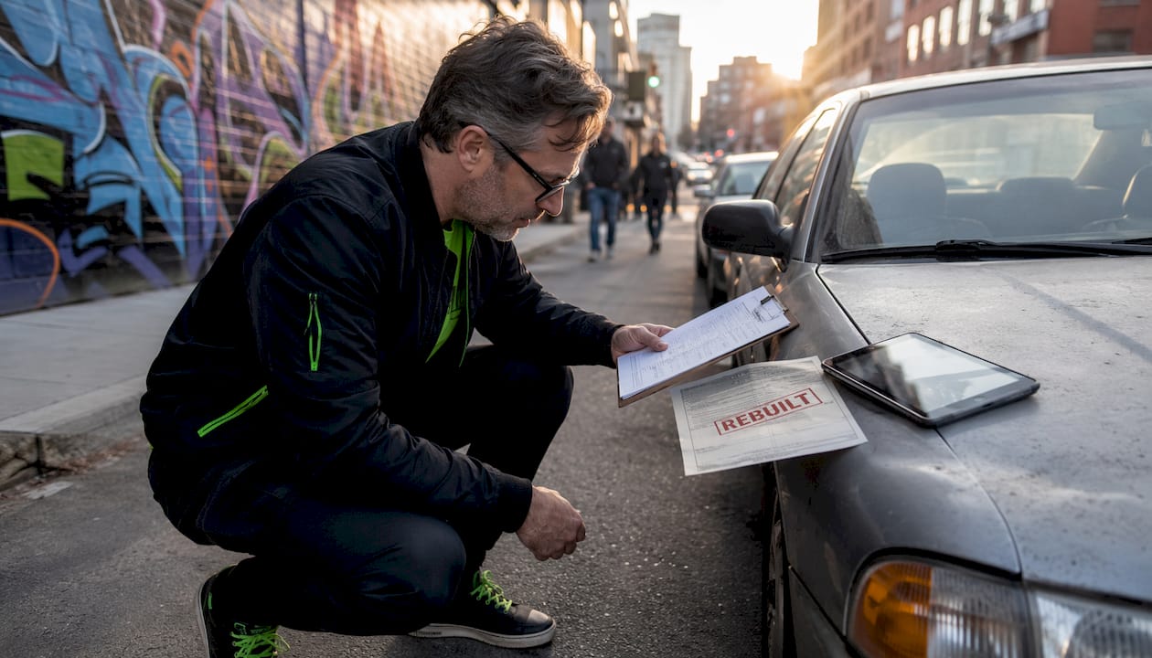 Person inspecting rebuilt car title