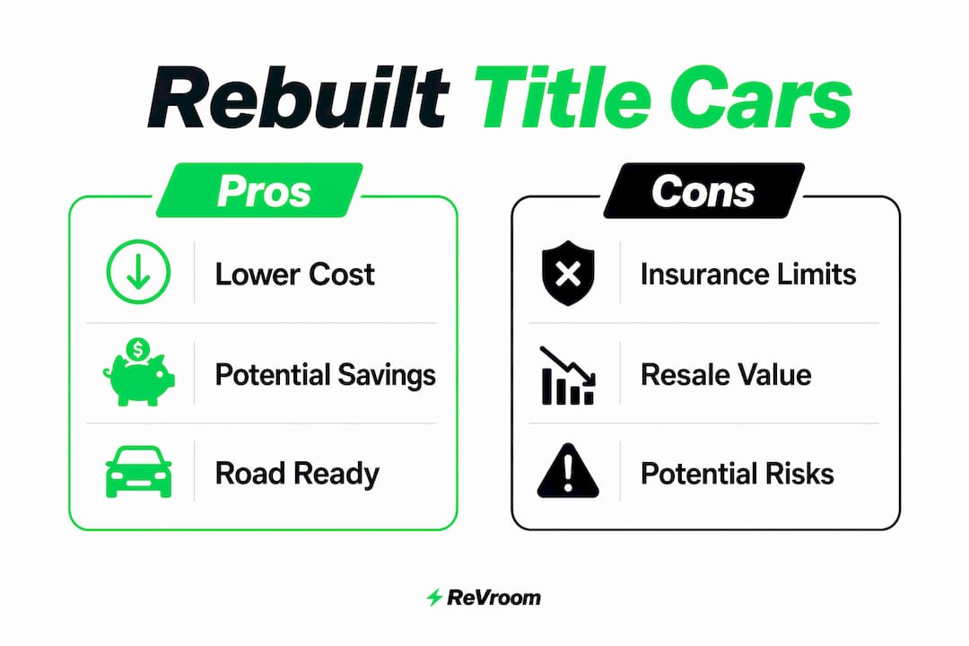 Infographic comparing pros and cons of rebuilt title cars