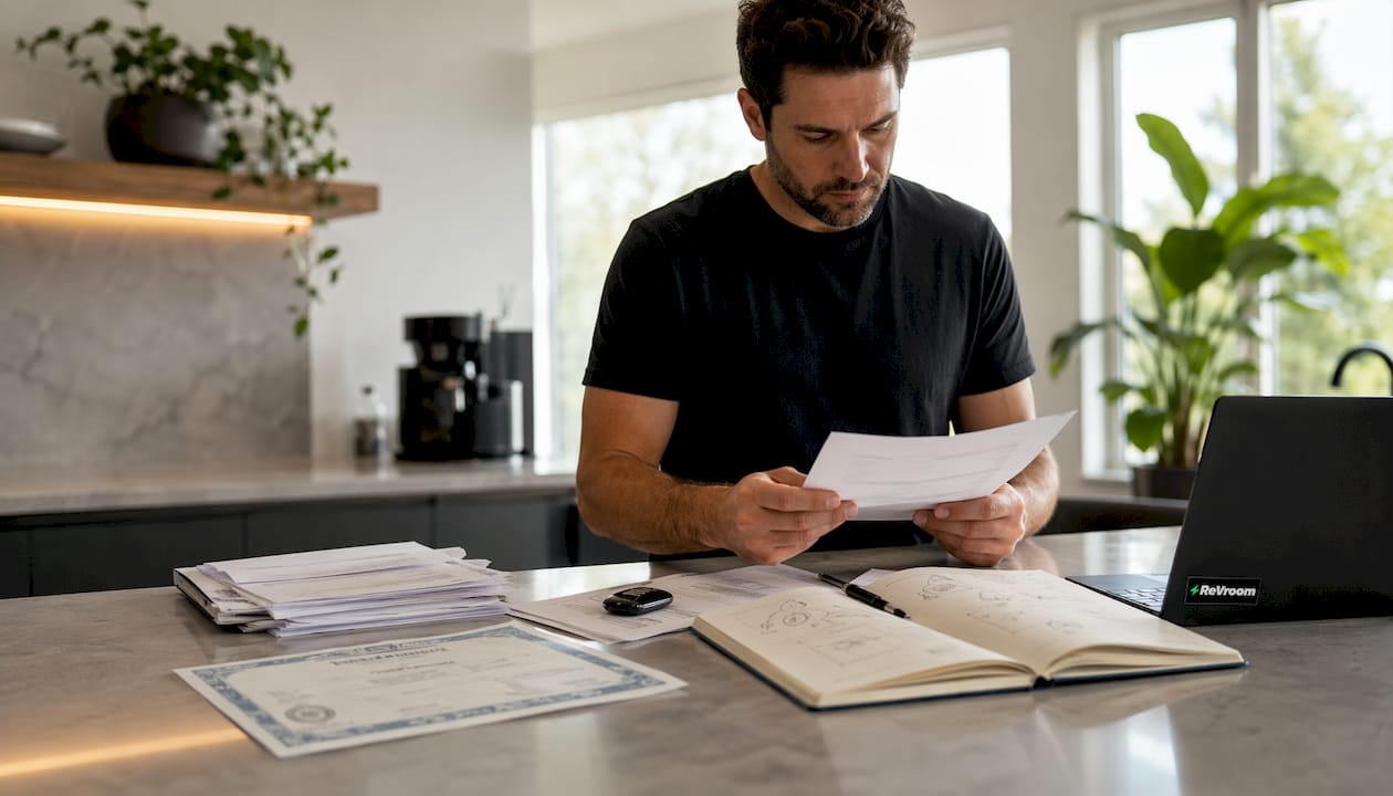 Seller reviewing documents at home desk
