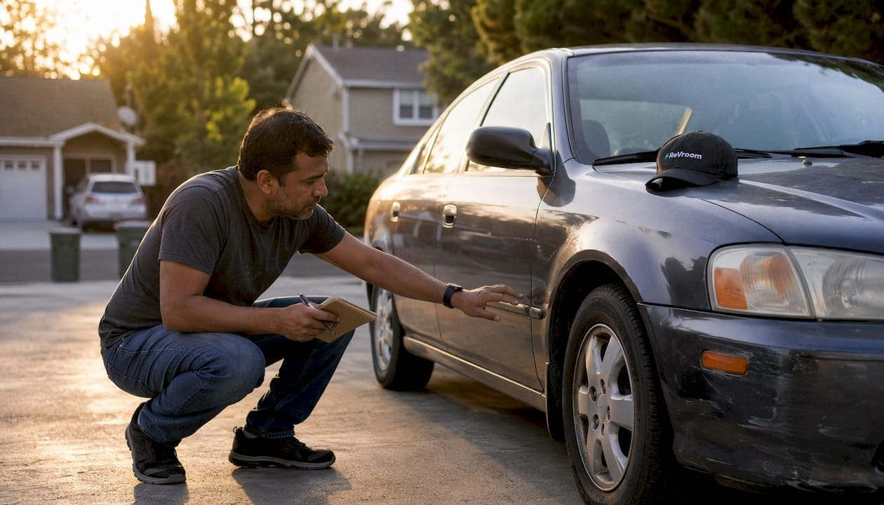 Man inspecting used car outdoors