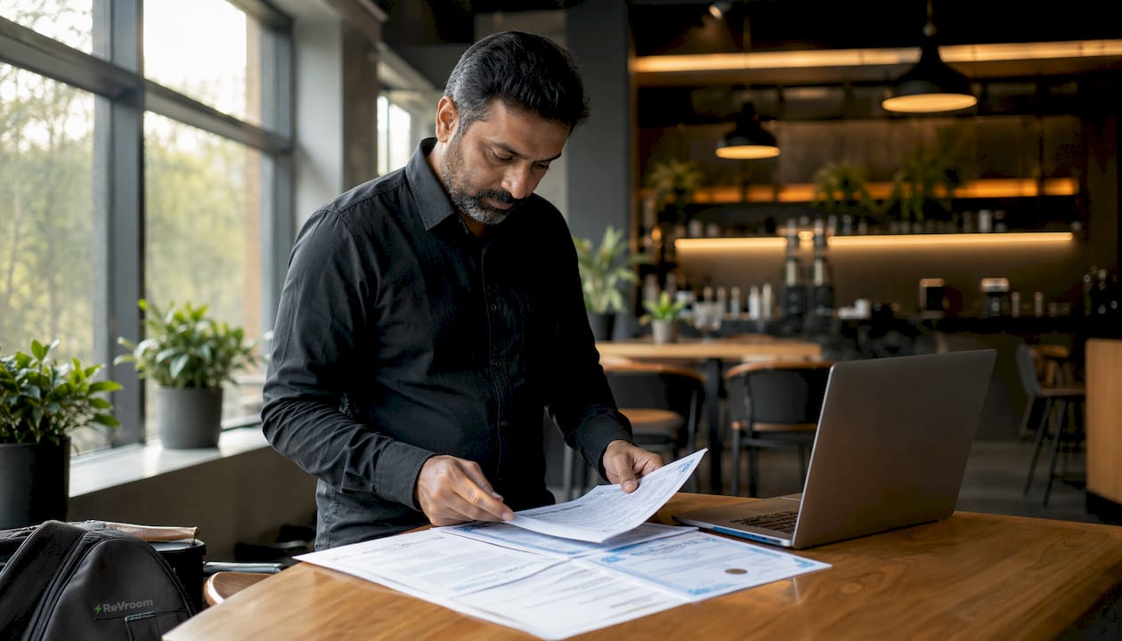 Buyer reviewing vehicle title papers at desk