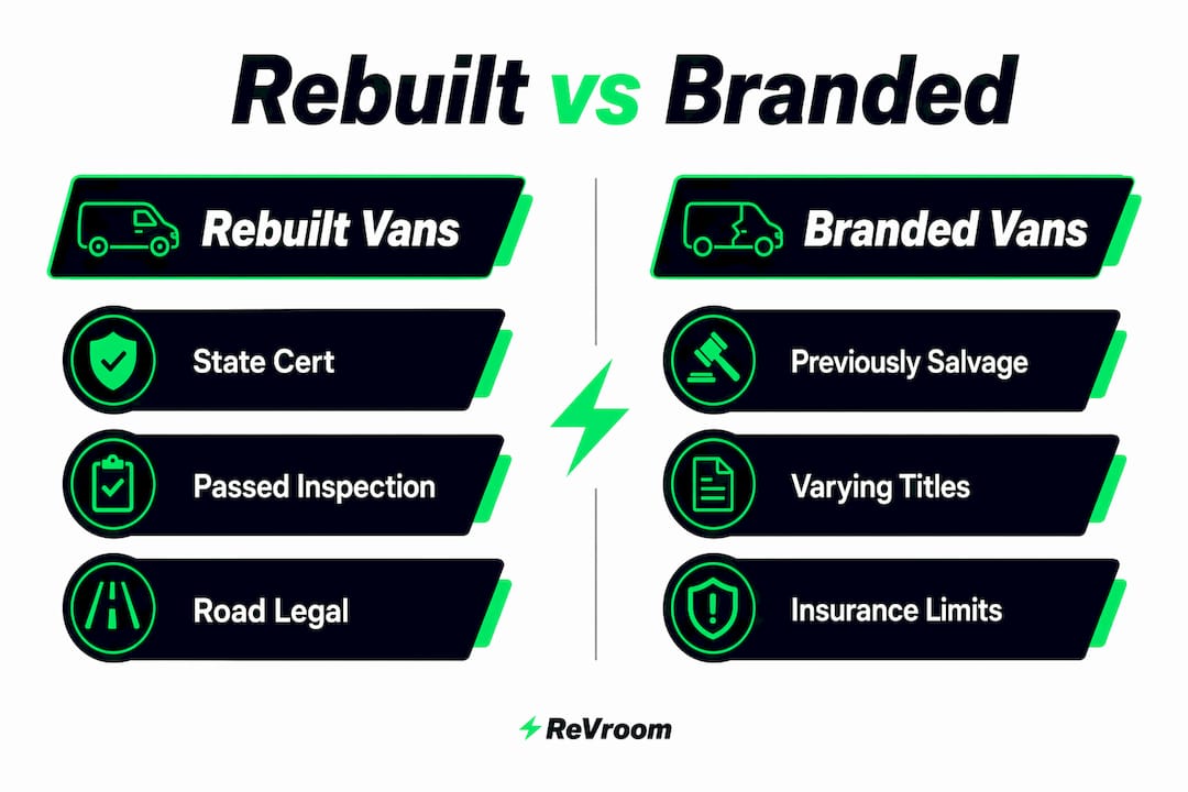 Comparison infographic for rebuilt and branded vans