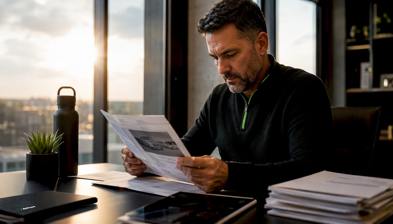 Person reviewing rebuilt van repair documents