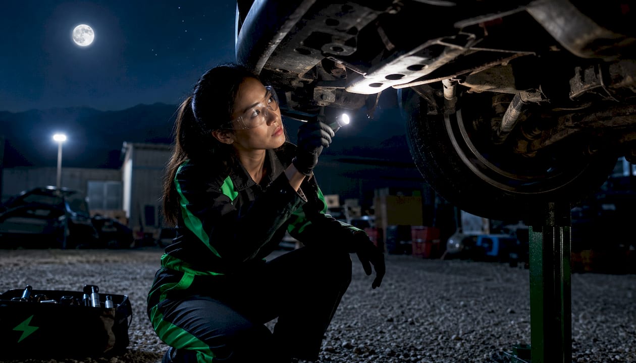 Technician inspecting car frame damage undercarriage