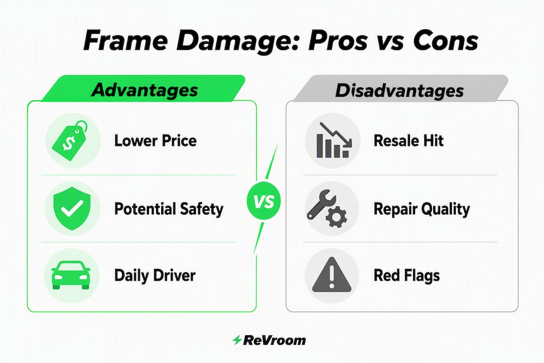 Infographic comparing pros and cons of frame damage cars