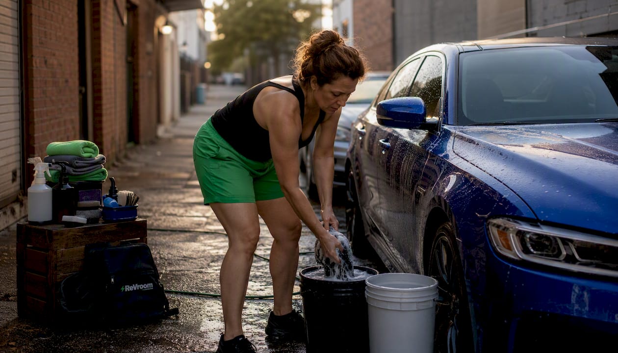Woman washing car using two-bucket method outdoors