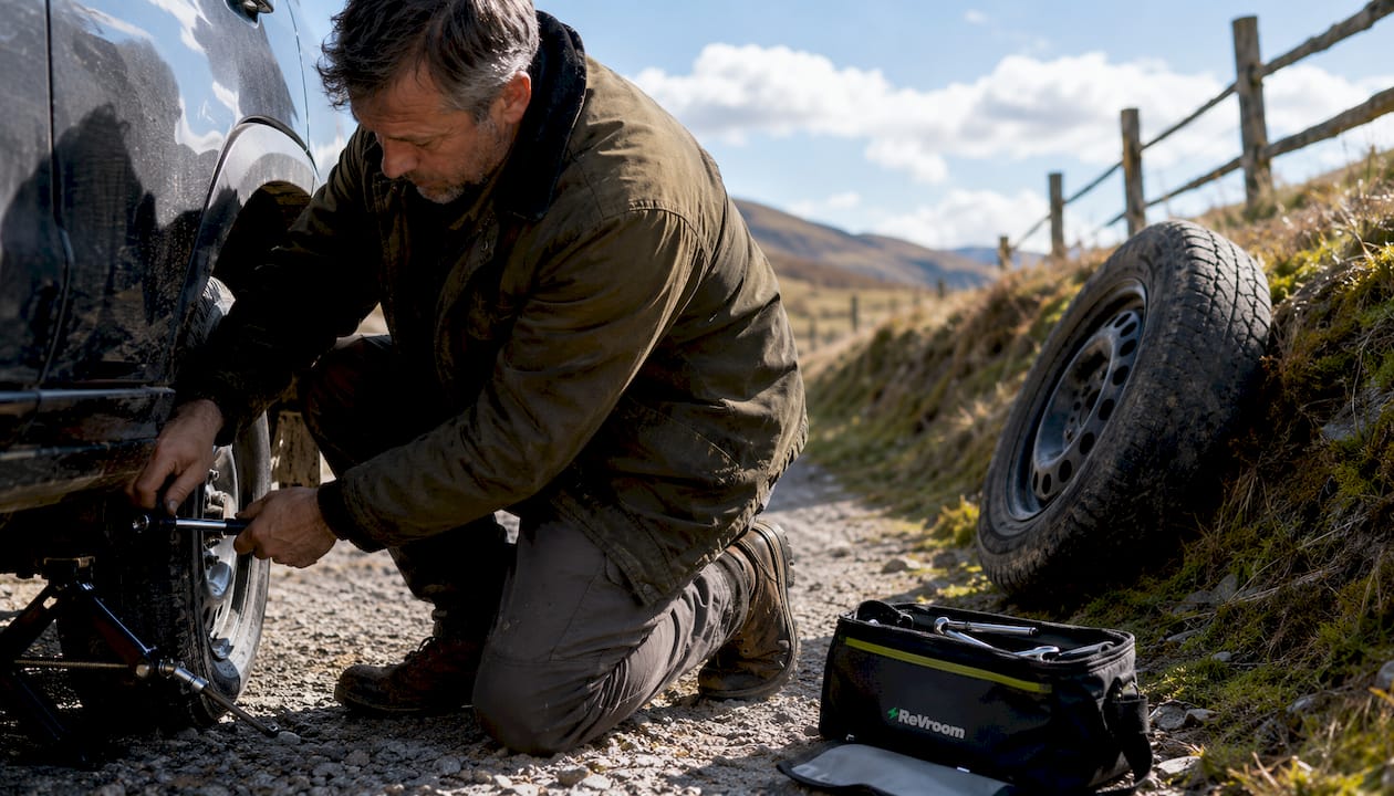 Person changing flat tire on suburban roadside