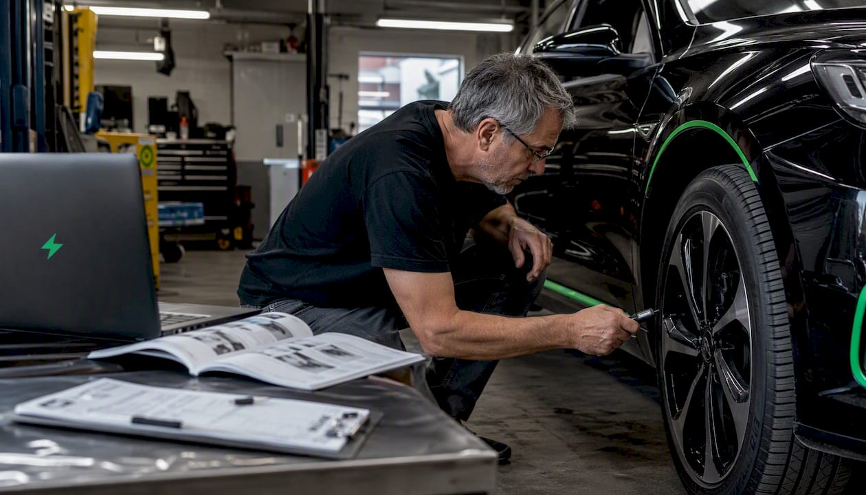 Man inspecting tire during car check
