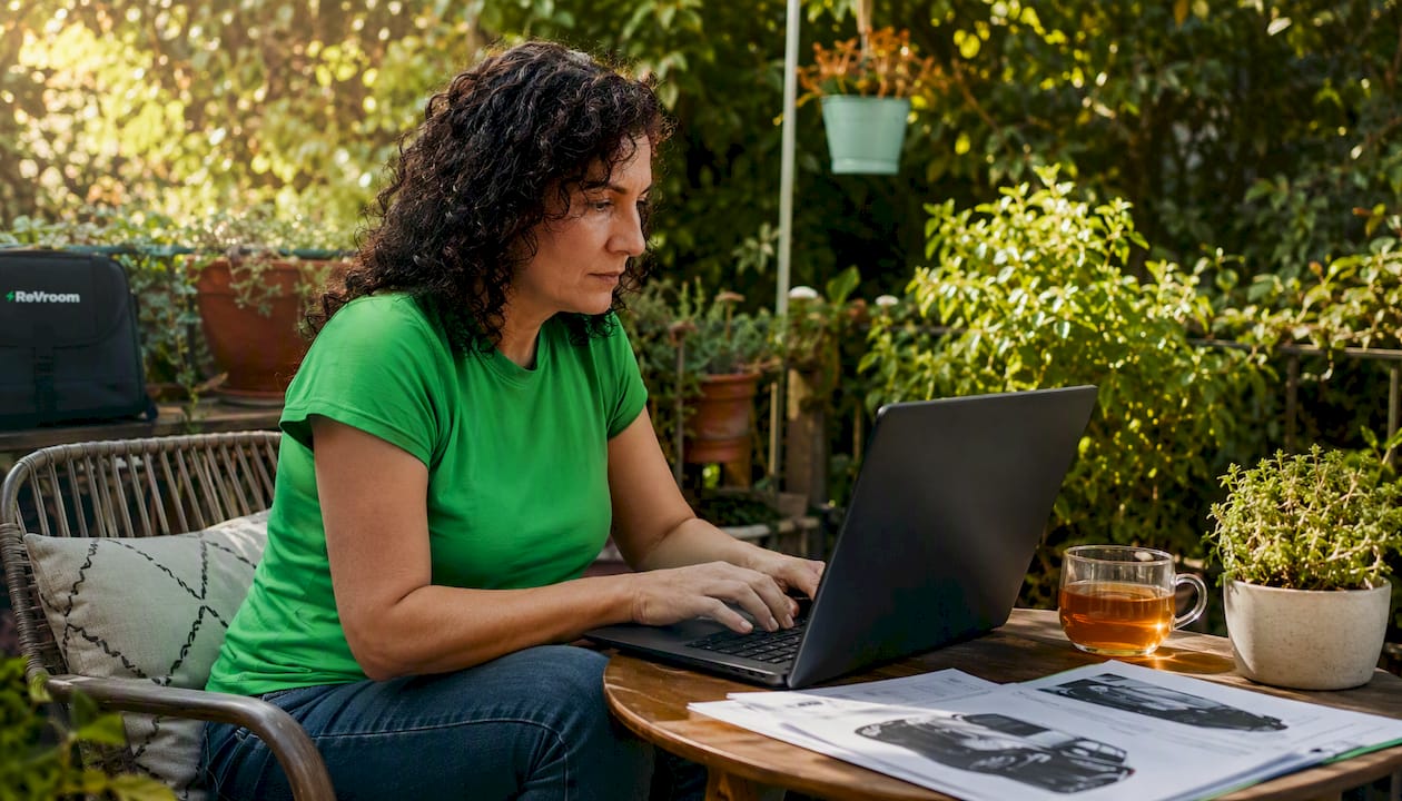 Woman searching car listings at home laptop