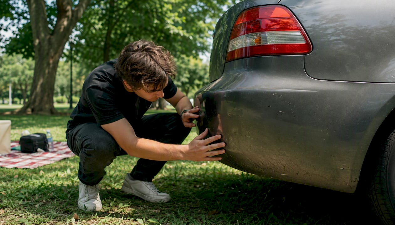 Buyer inspecting used car exterior in private-party sale