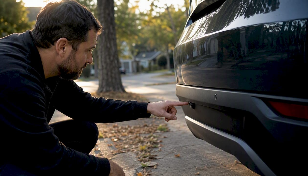 Parent inspecting compact crossover safety sensors