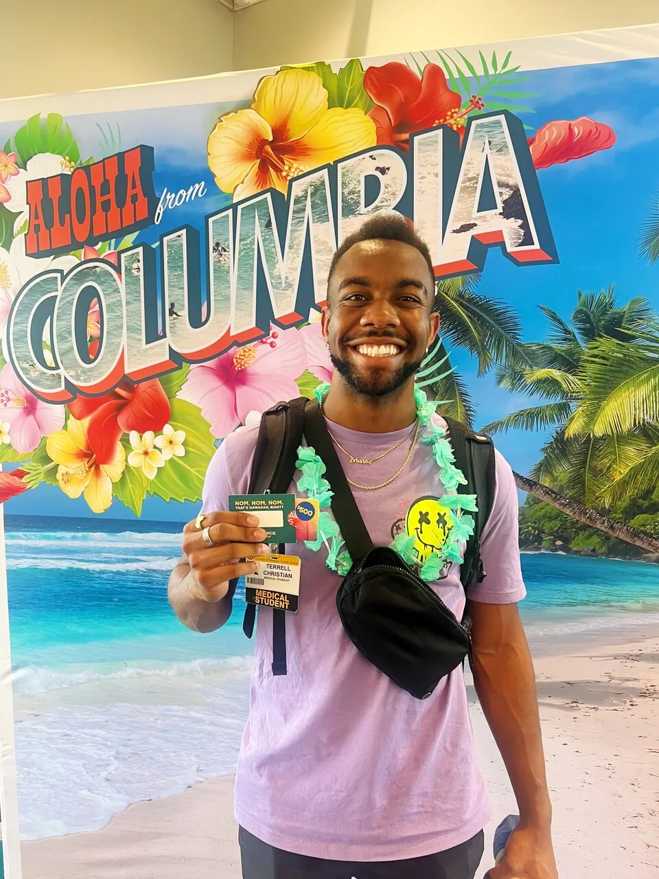 A picture of a happy medical student visiting the Columbia Hawaiian Bros.