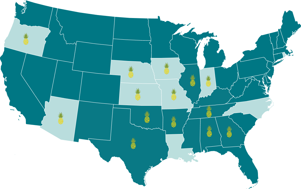 A color-coded map of the US, with pineapples on states with Hawaiian Bros locations