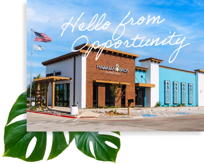 A postcard - style picture of the exterior of a Hawaiian Bros restaurant