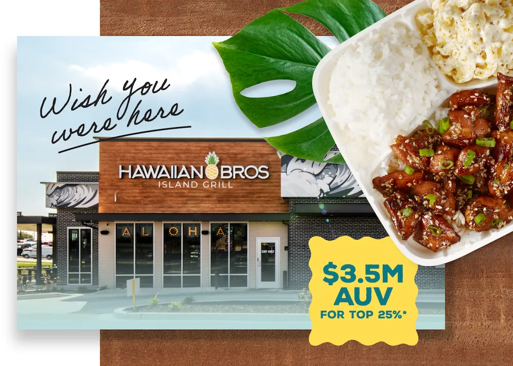 A postcard-style picture of a Hawaiian Bros restaurant and an example of the food they serve