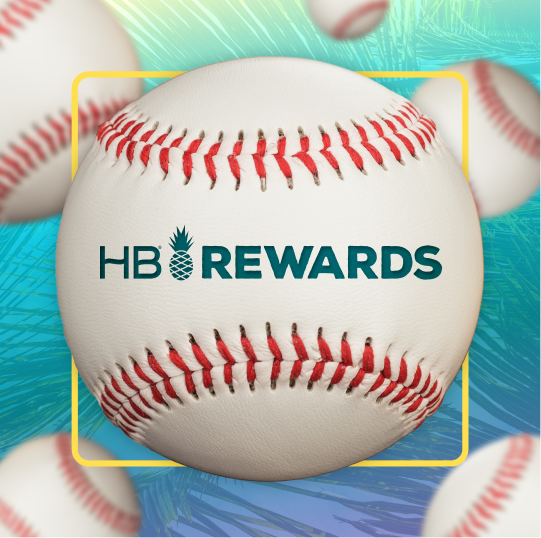 A baseball with the HB Rewards logo on it.