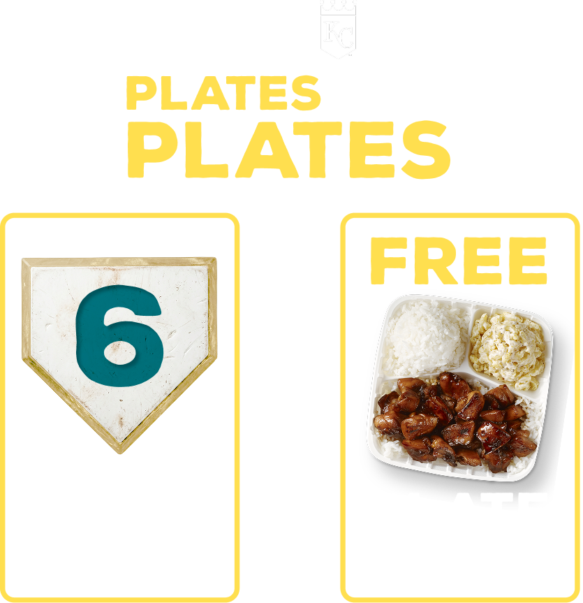 The Hawaiian Bros and Kansas City Royals logos, with text reading Plates for Plates: 6 Royals runs equals a free plate lunch."