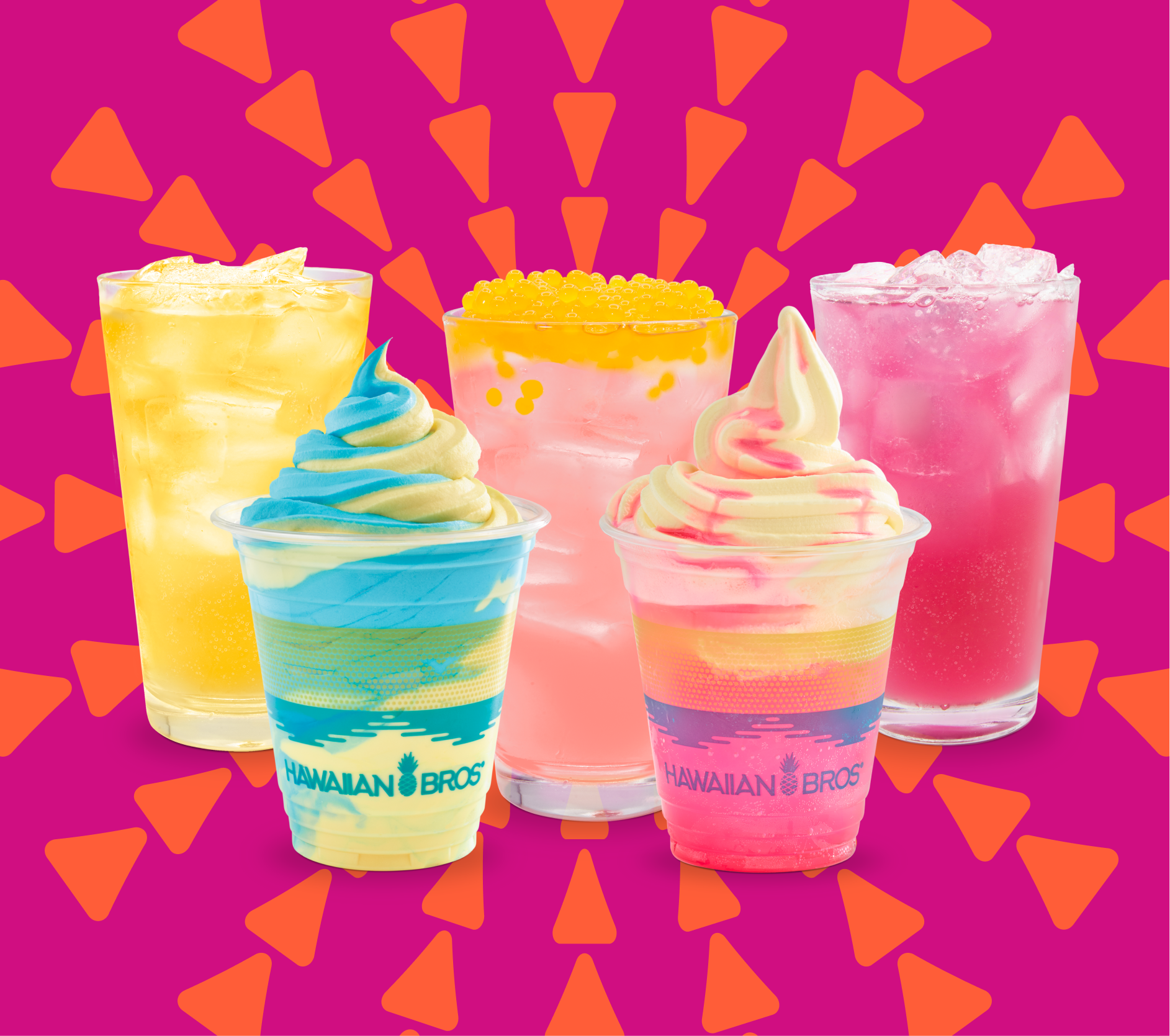 A variety of Hawaiian Bros beverages and floats