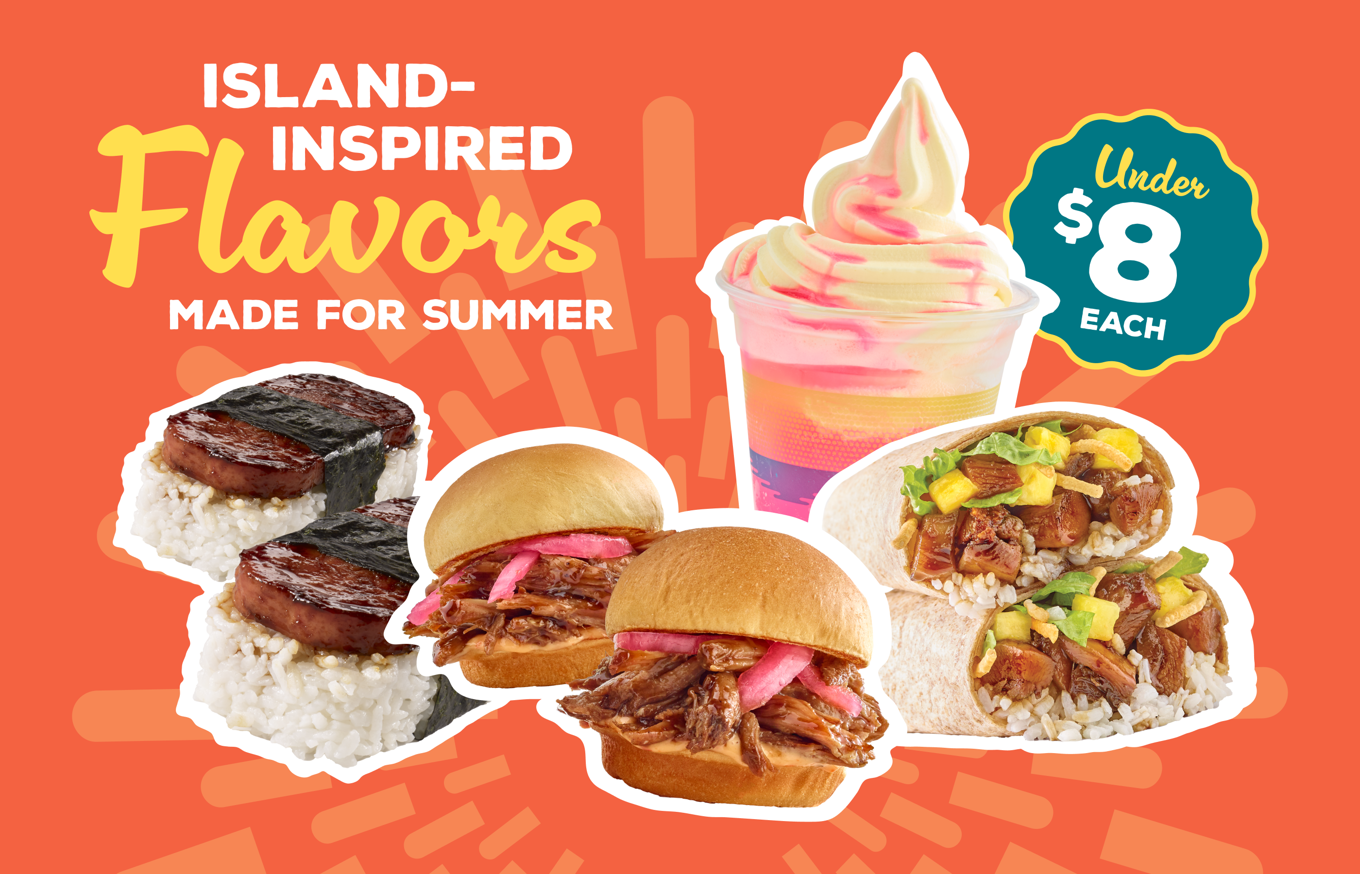 An array of Hawaiian Bros menu items, including Musubi, sliders, Dole Whip, and wraps