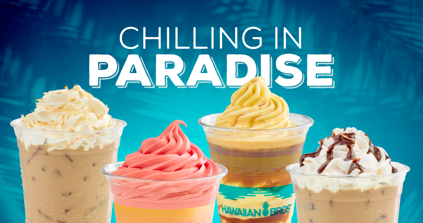 Four Aloha Blends beverages with the text "Chilling in Paradise"