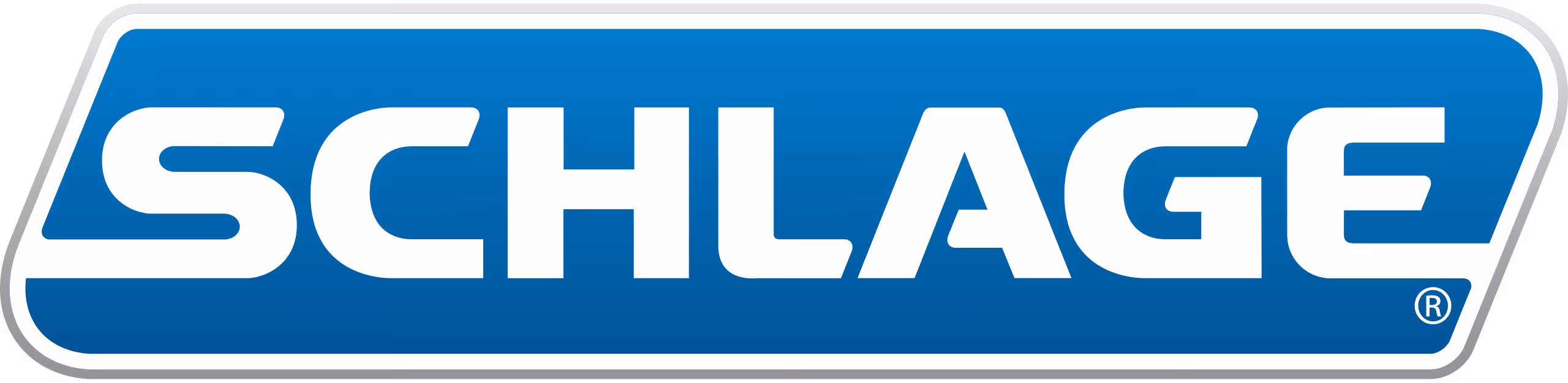 Schlage brand logo in white text on a blue rounded rectangular background.