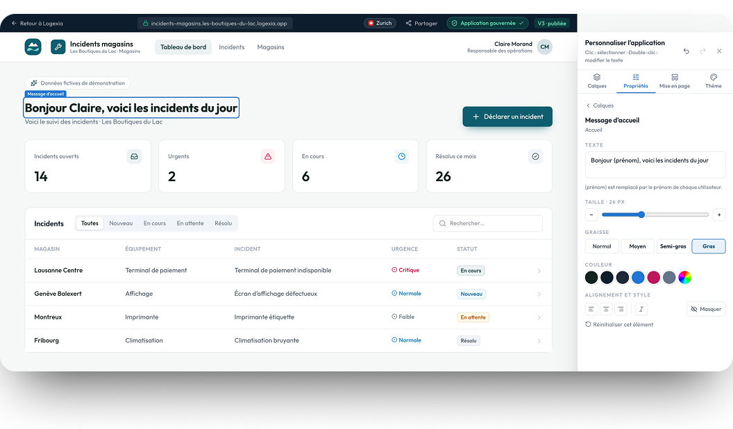 Aperçu du designer visuel de la plateforme (données fictives de démonstration)