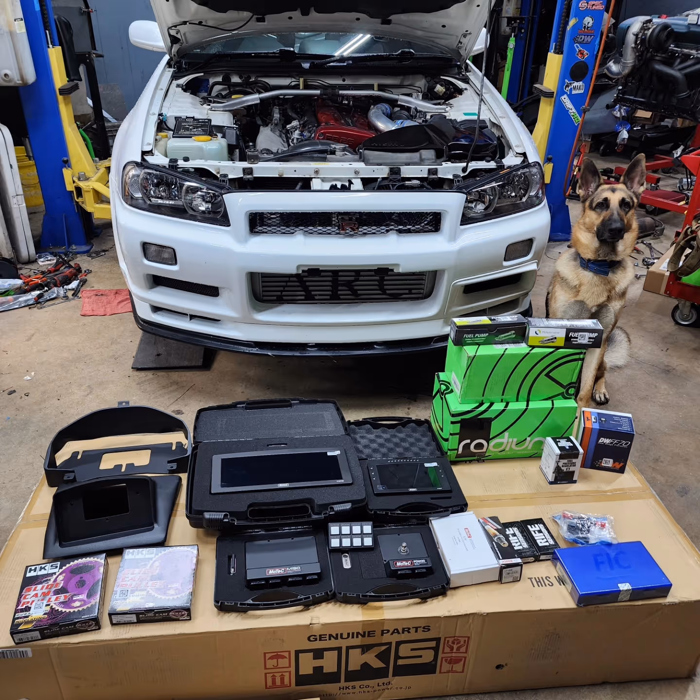 White sports car with open hood and dog beside performance parts in garage