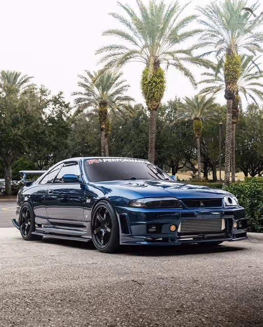 Dark blue modified sports car parked in front of palm trees