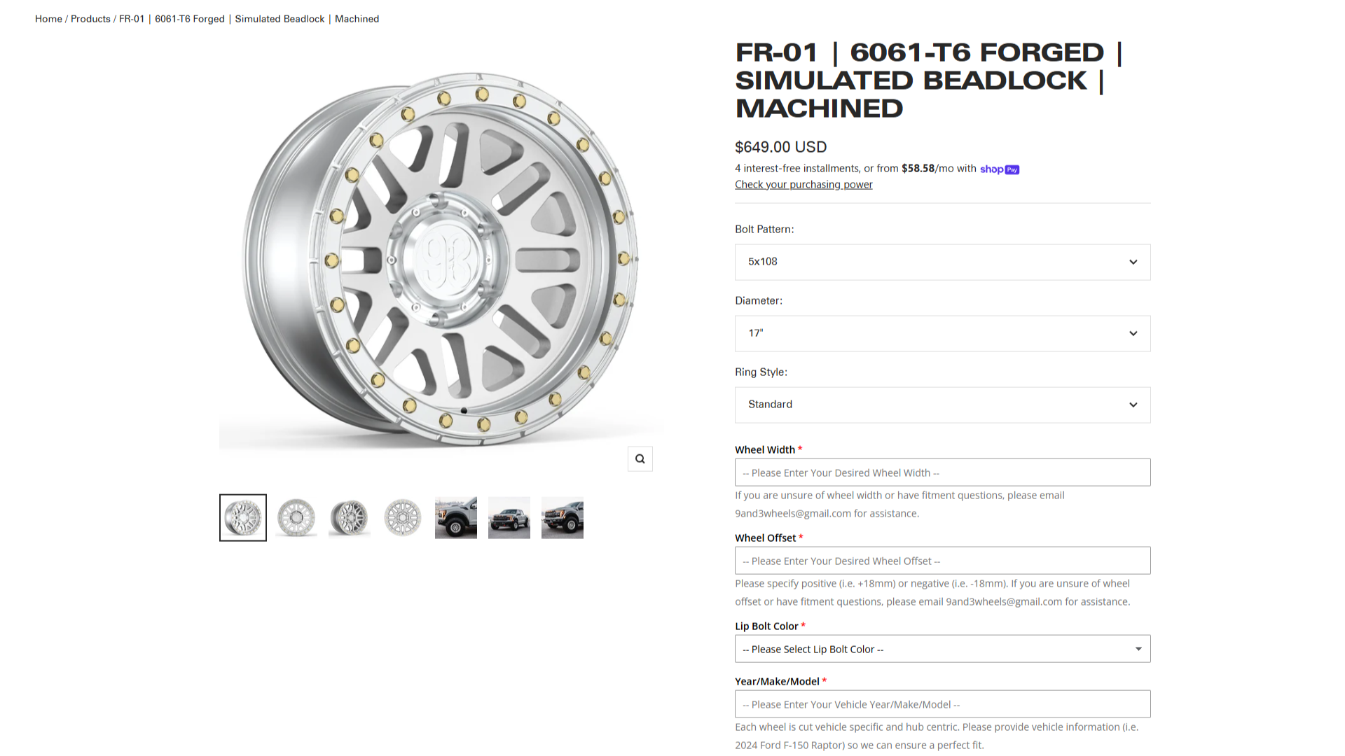 Silver 17-inch forged wheel with gold bolts and simulated beadlock