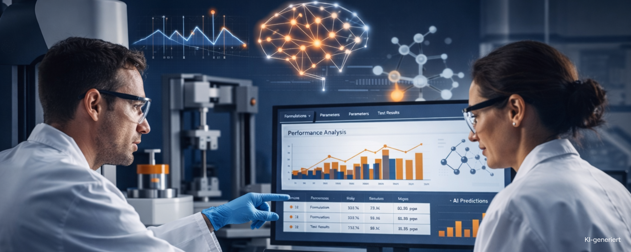 Laborumgebung mit Analysegeräten und digitaler Datenauswertung zur strukturierten Klebstoffentwicklung.