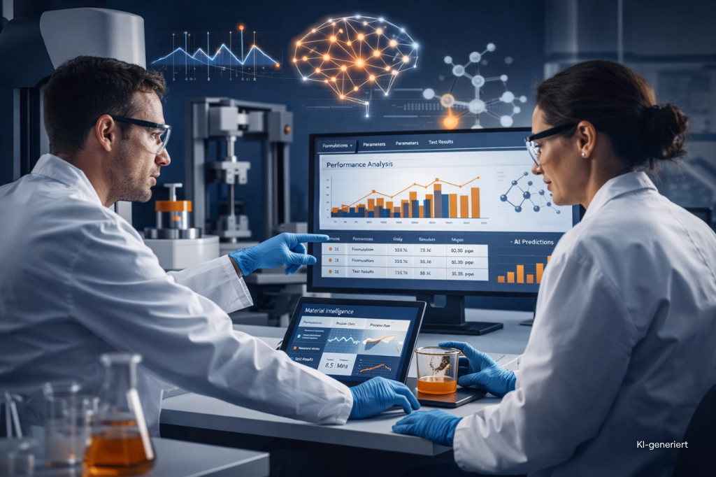 Laborumgebung mit Analysegeräten und digitaler Datenauswertung zur strukturierten Klebstoffentwicklung.