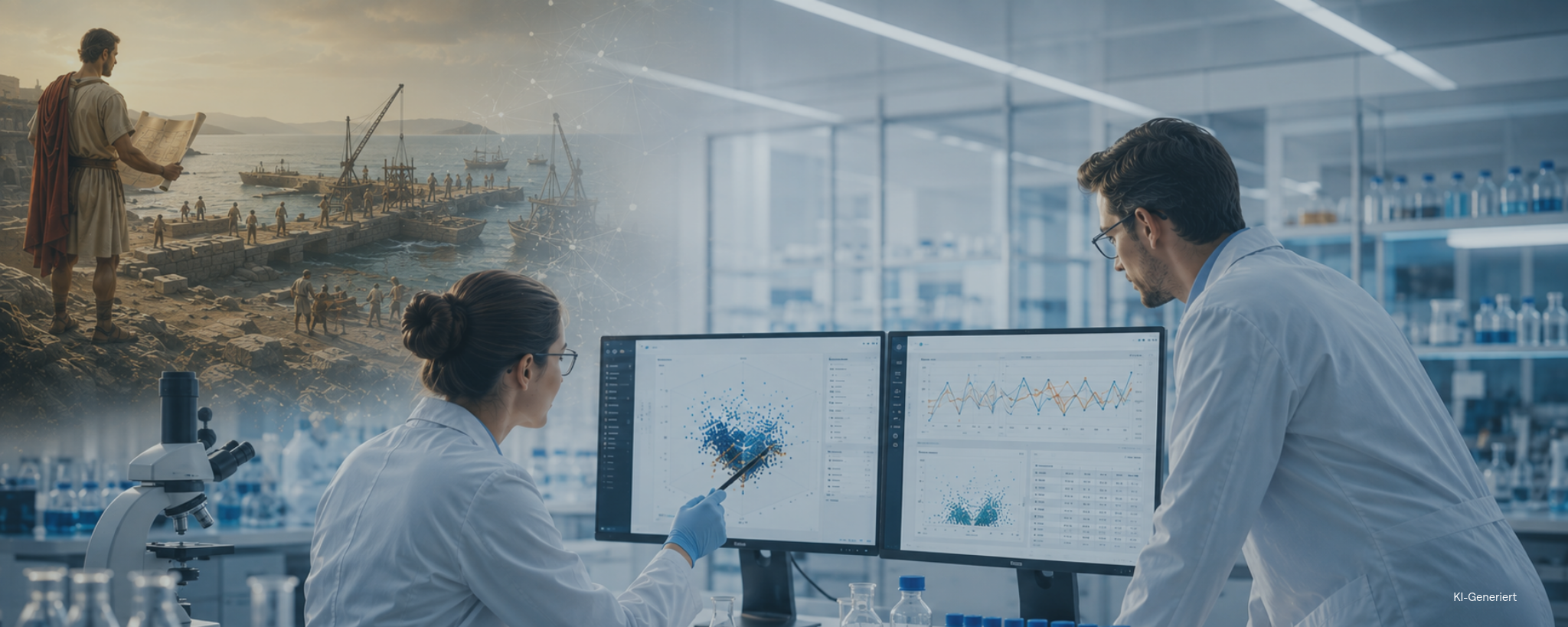 Zwei Wissenschaftler analysieren Formulierungsdaten – Predictive AI in der industriellen F&E.
