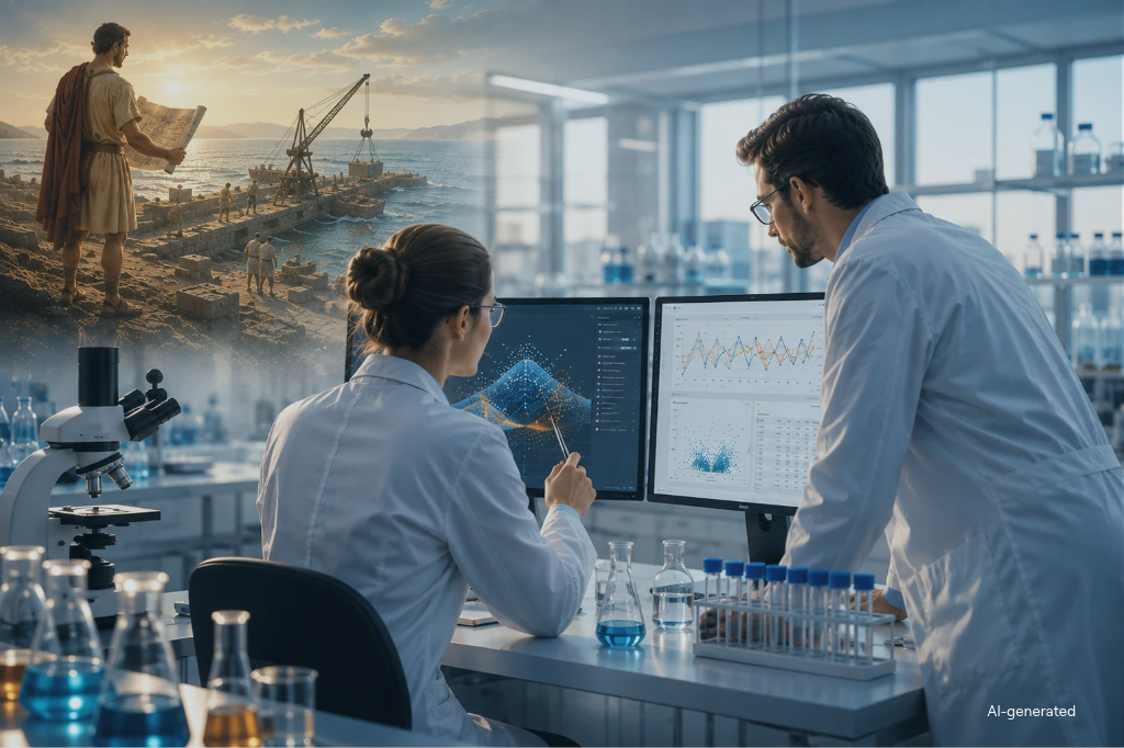 Two scientists analysing formulation data: predictive AI in industrial R&D.