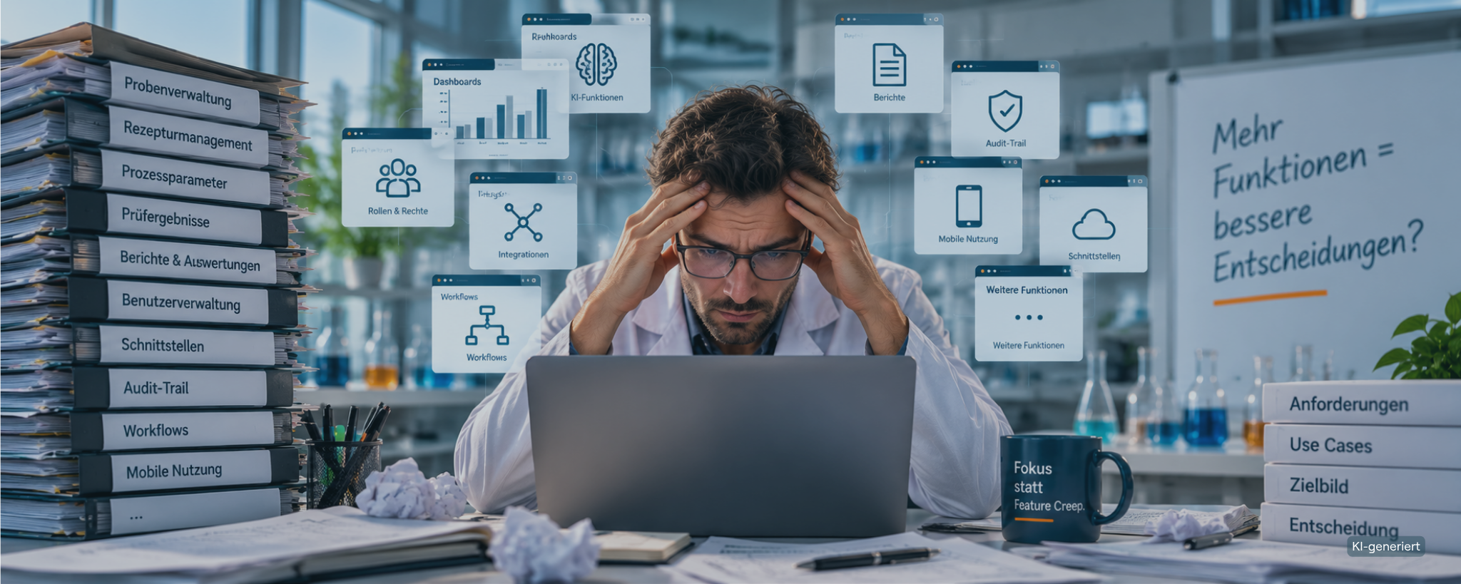Entwickler vergleicht Laborsoftware. Das Bild zeigt Feature Creep und den Nutzen eines klar definierten Use Cases.