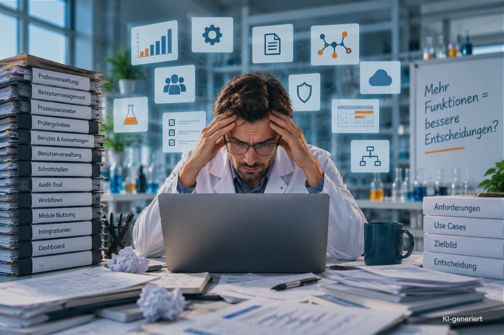 Entwickler vergleicht Laborsoftware. Das Bild zeigt Feature Creep und den Nutzen eines klar definierten Use Cases.
