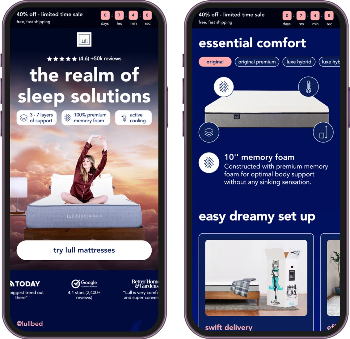 Two smartphone screens showing Lull mattress ads with 40% off sale, features like 3-7 layers of support, memory foam, active cooling, and easy setup.