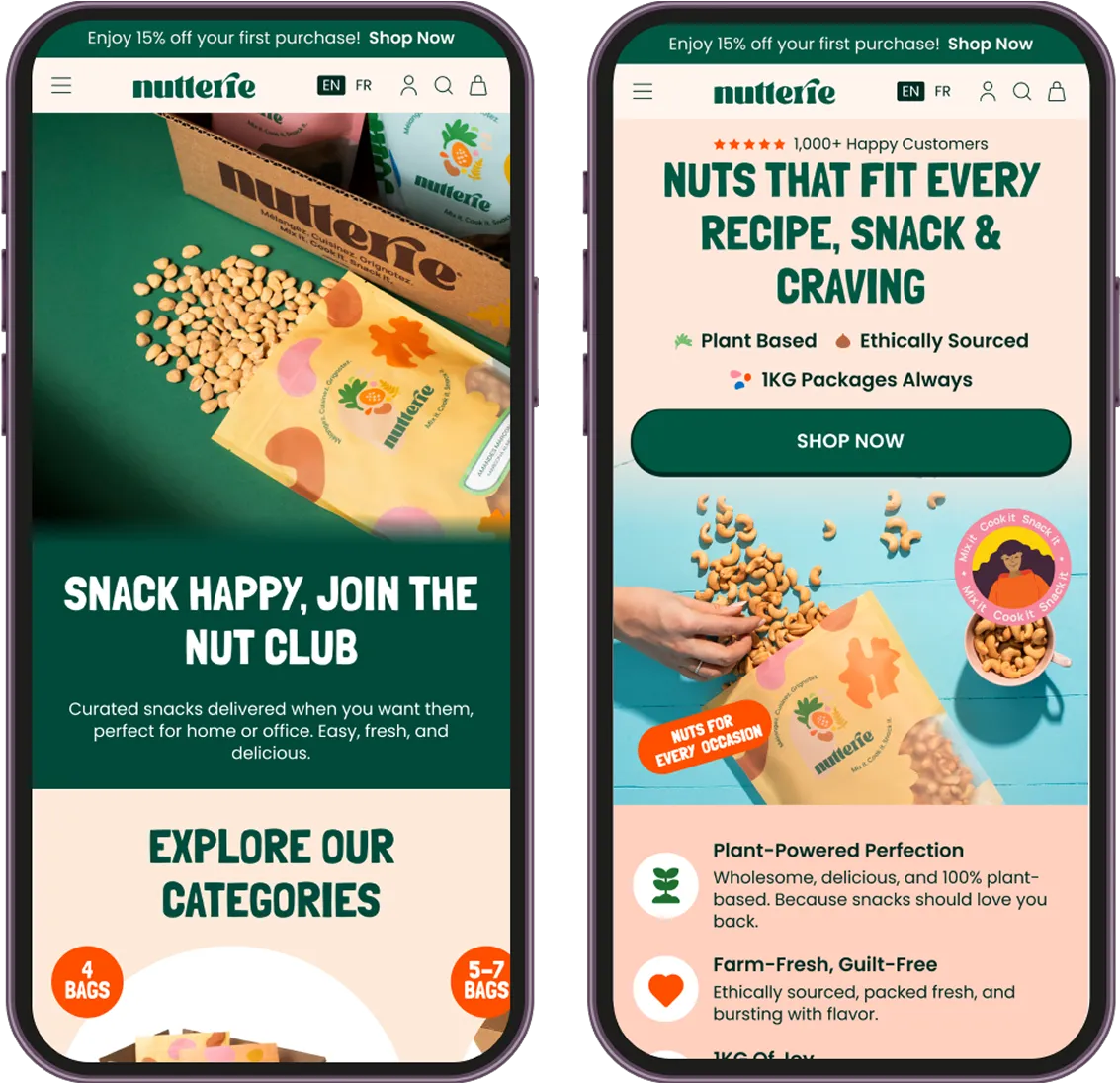 Two mobile phone screens showing Nutterie snack brand website with images of cashew nuts spilling from colorful packaging and promotional text about plant-based, ethically sourced snacks and snack club membership.