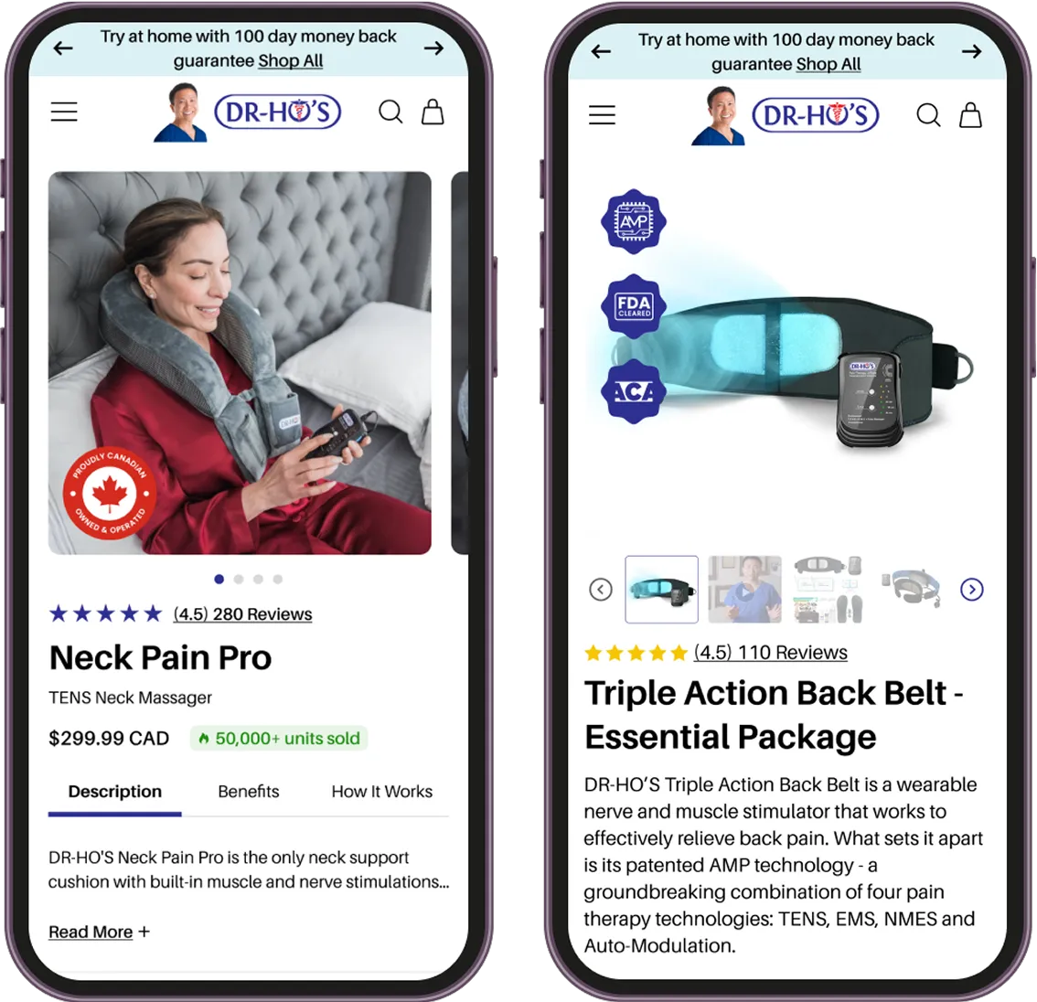 Two mobile screens showing DR-HO'S products: left screen features a woman using the Neck Pain Pro TENS neck massager, right screen shows the Triple Action Back Belt with AMP technology and FDA clearance icons.