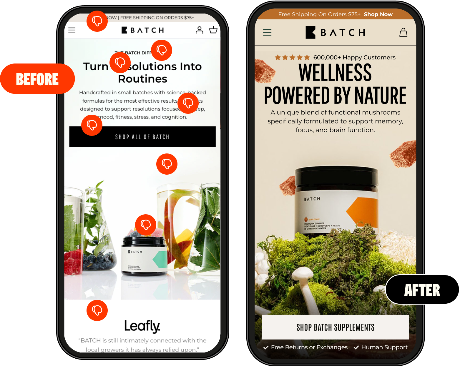 Side-by-side comparison of two mobile web pages for Batch supplements: Before shows a cluttered layout with text, product jar, and plants; After shows a refined layout with a product jar on moss and mushrooms, headline 'Wellness Powered by Nature', and clear call-to-action button.