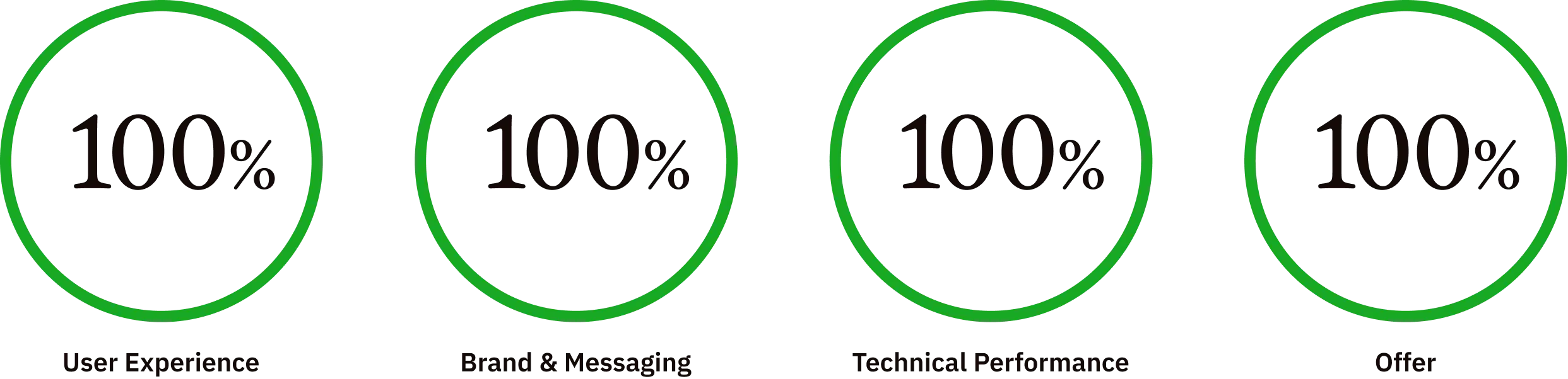 Four green circles each with 100% inside, labeled User Experience, Brand & Messaging, Technical Performance, and Other.
