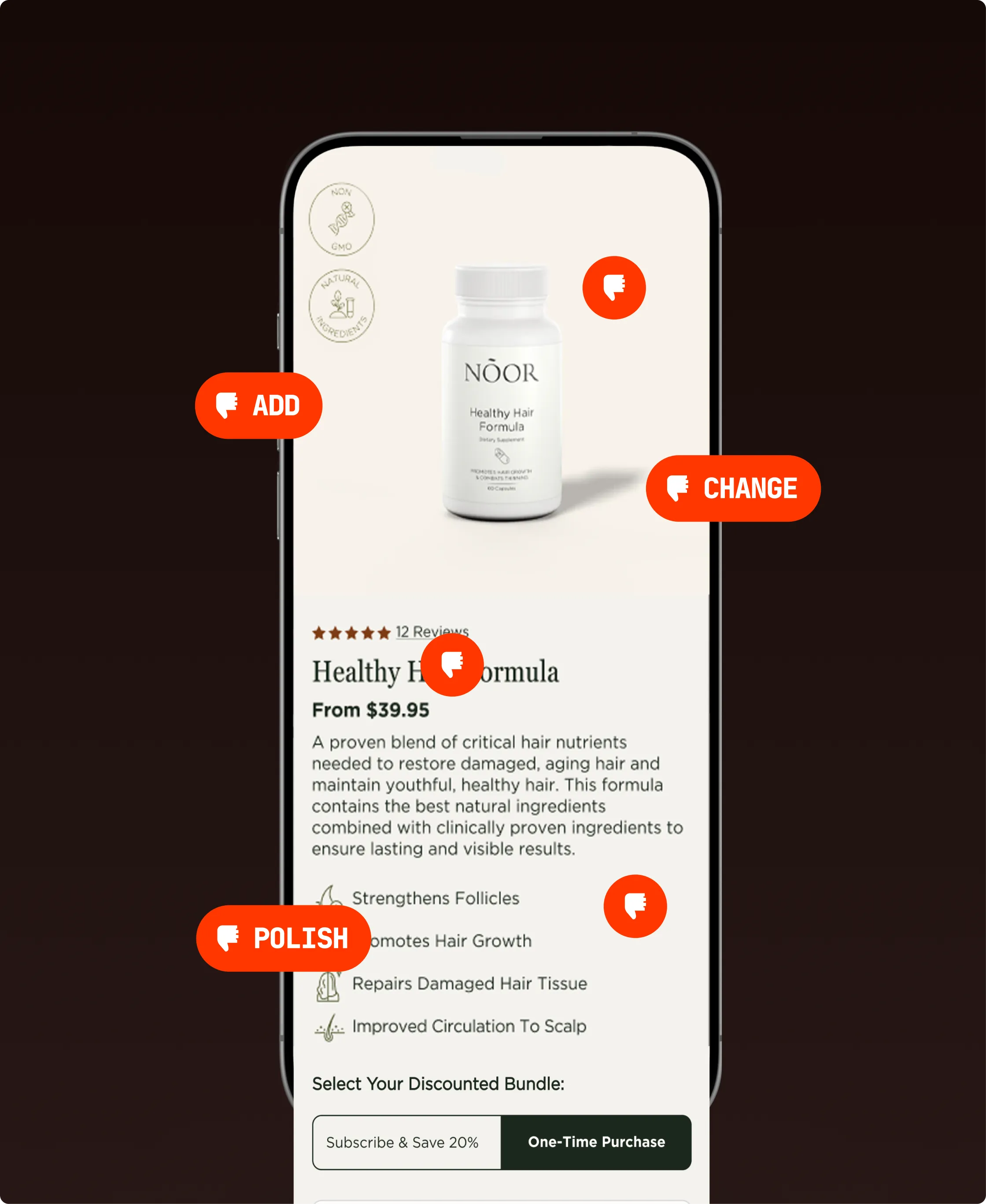 Mobile phone screen displaying Noor Healthy Hair Formula supplement with product details, benefits, price, and purchasing options.