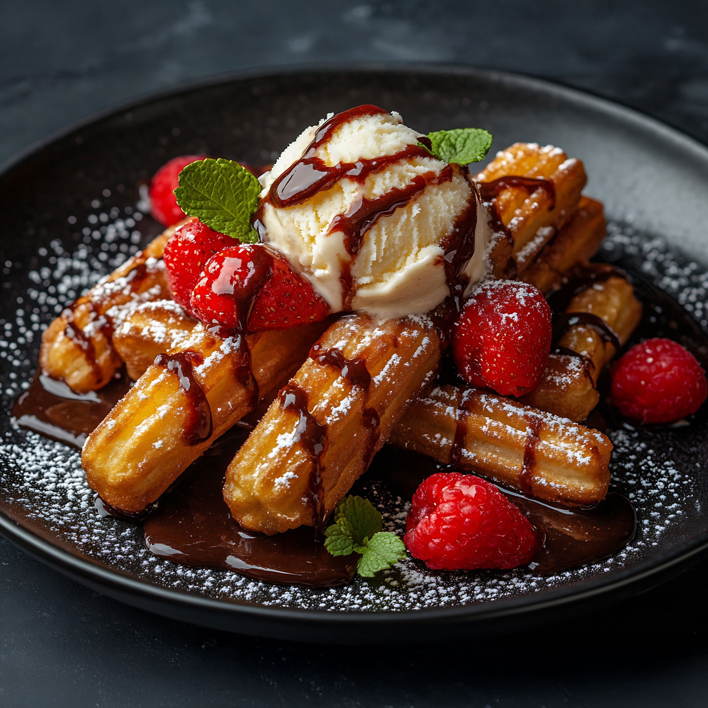 Churros drizzled with chocolate sauce and topped with ice cream and strawberries.
