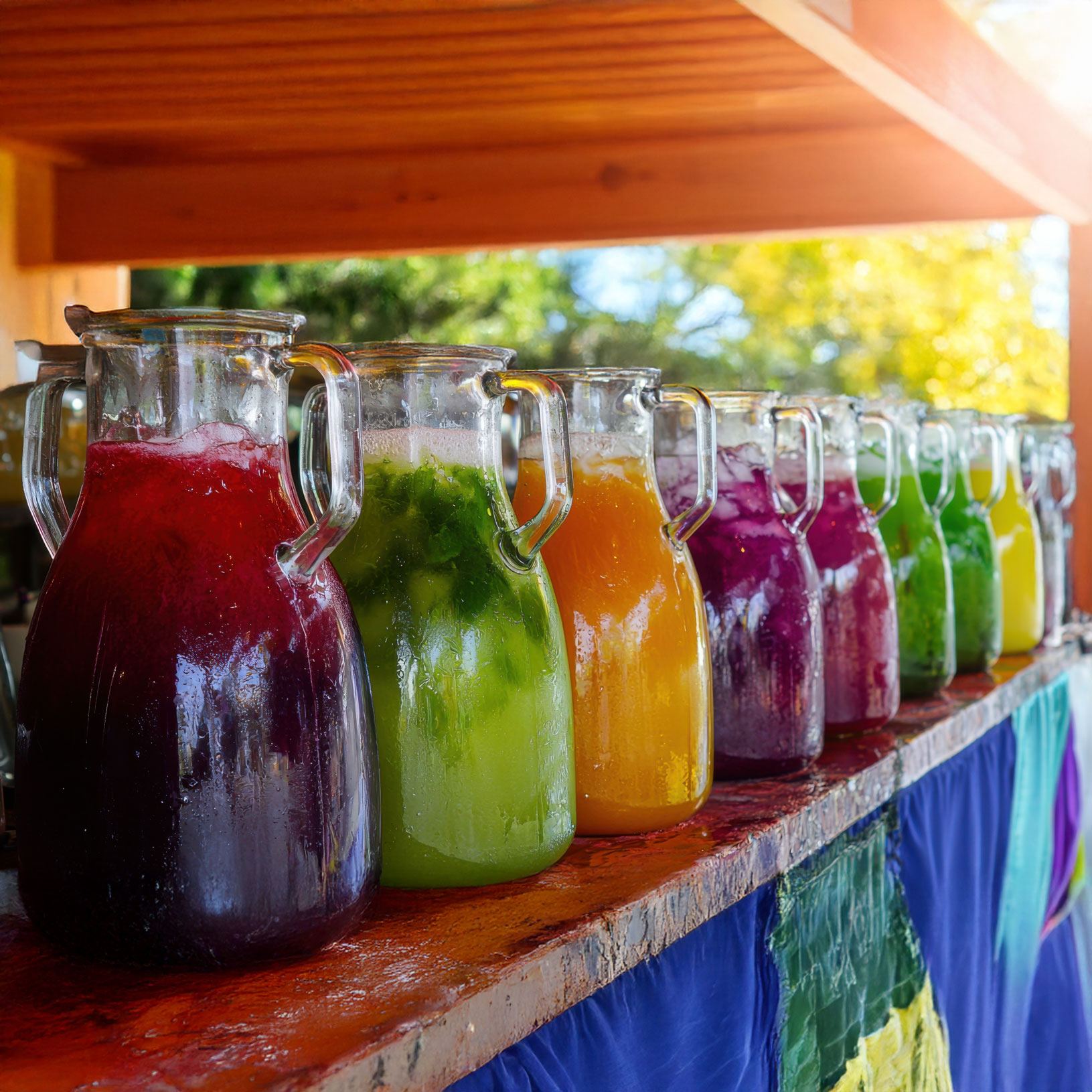 A row of glass pitchers filled with colorful aguas frescas.