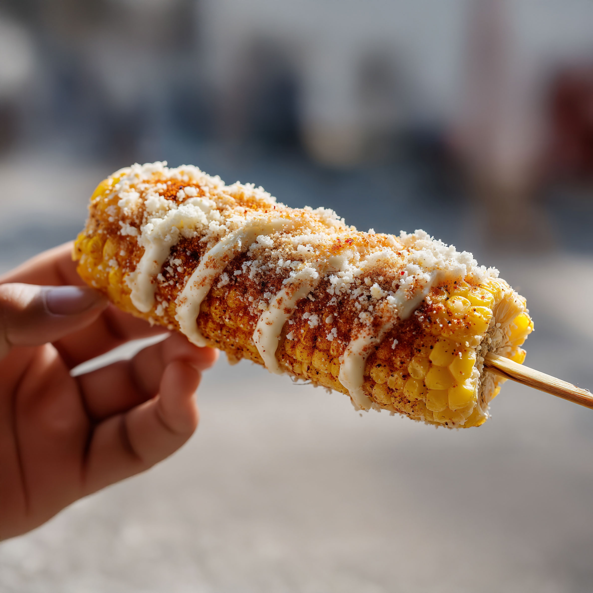 A hand holds a Mexican street corn cob topped with white cheese, red chili powder, and crema.
