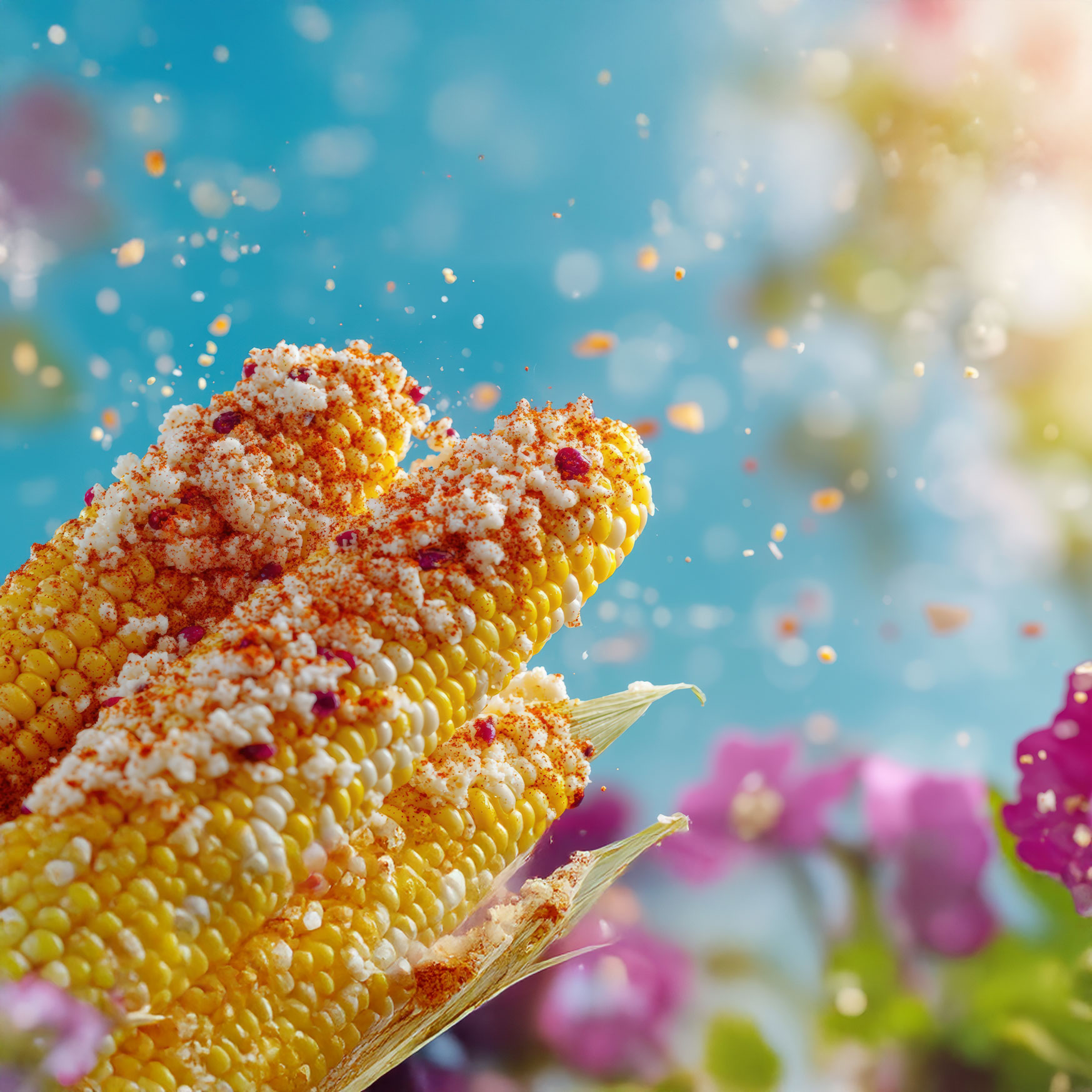 Close-up of three corn cobs sprinkled with cheese and chili powder, set against a blue sky. Magenta flowers and sunlight create a vibrant, fresh atmosphere.
