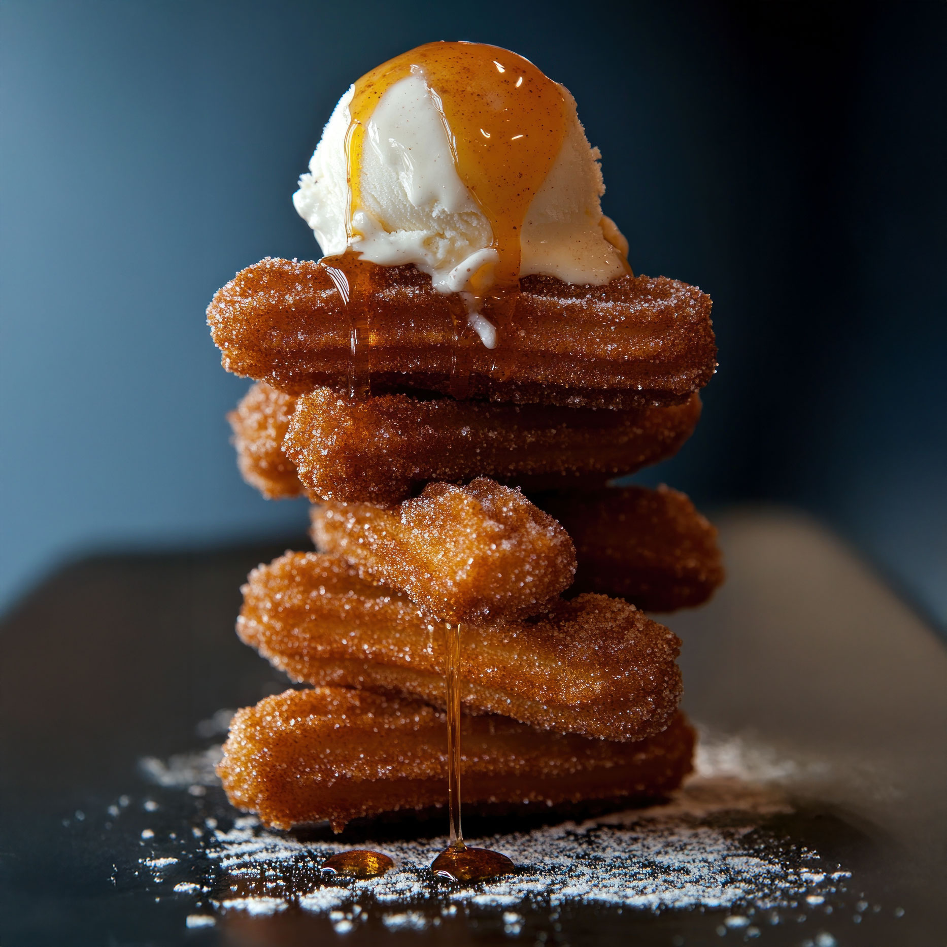 Stack of cinnamon-sugar churros topped with vanilla ice cream, drizzled with caramel sauce, on a dark background.
