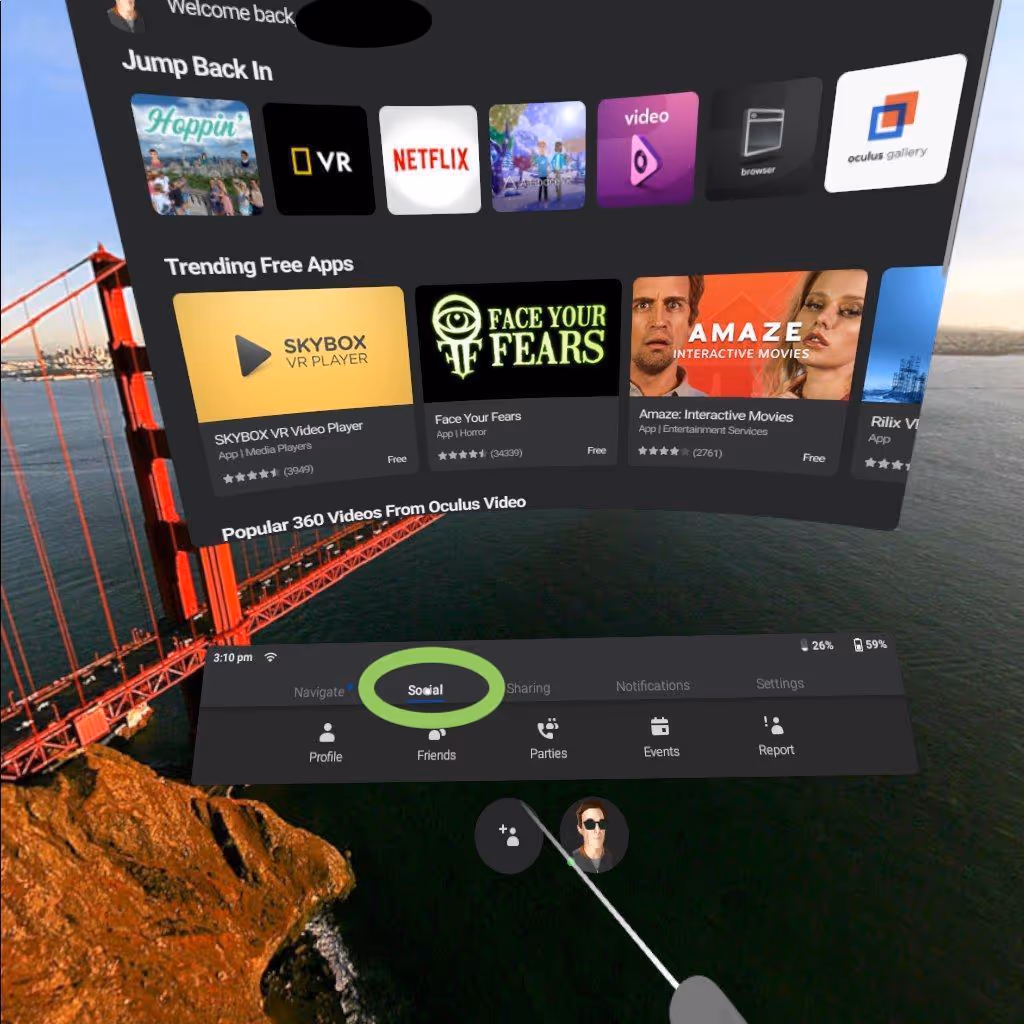 step 2 - click on the social tab - oculus go - hoppin