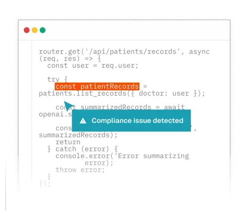 Code snippet showing a router GET request for patient records with 'const patientRecords' highlighted and a popup warning 'Compliance issue detected'.