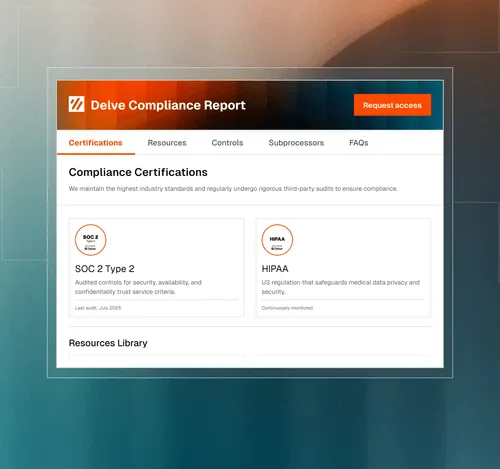 Delve Compliance Report webpage showing certifications for SOC 2 Type 2 and HIPAA with descriptions and a Request access button.